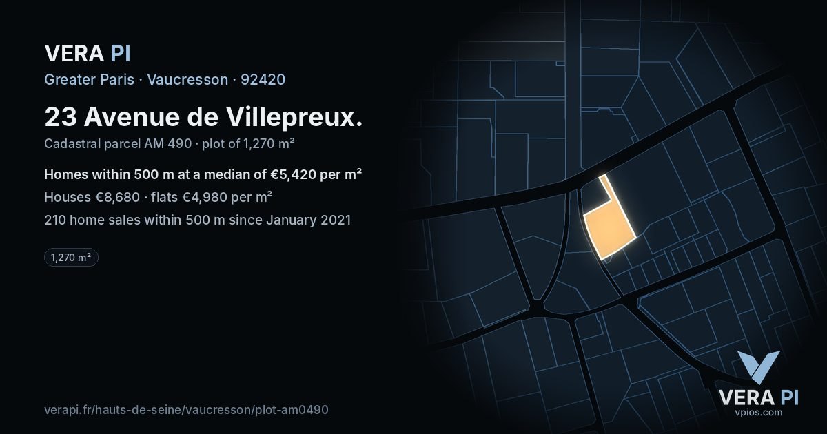 23 Avenue de Villepreux, Vaucresson at night – the plot lit, the parcels around coloured by the prices near them