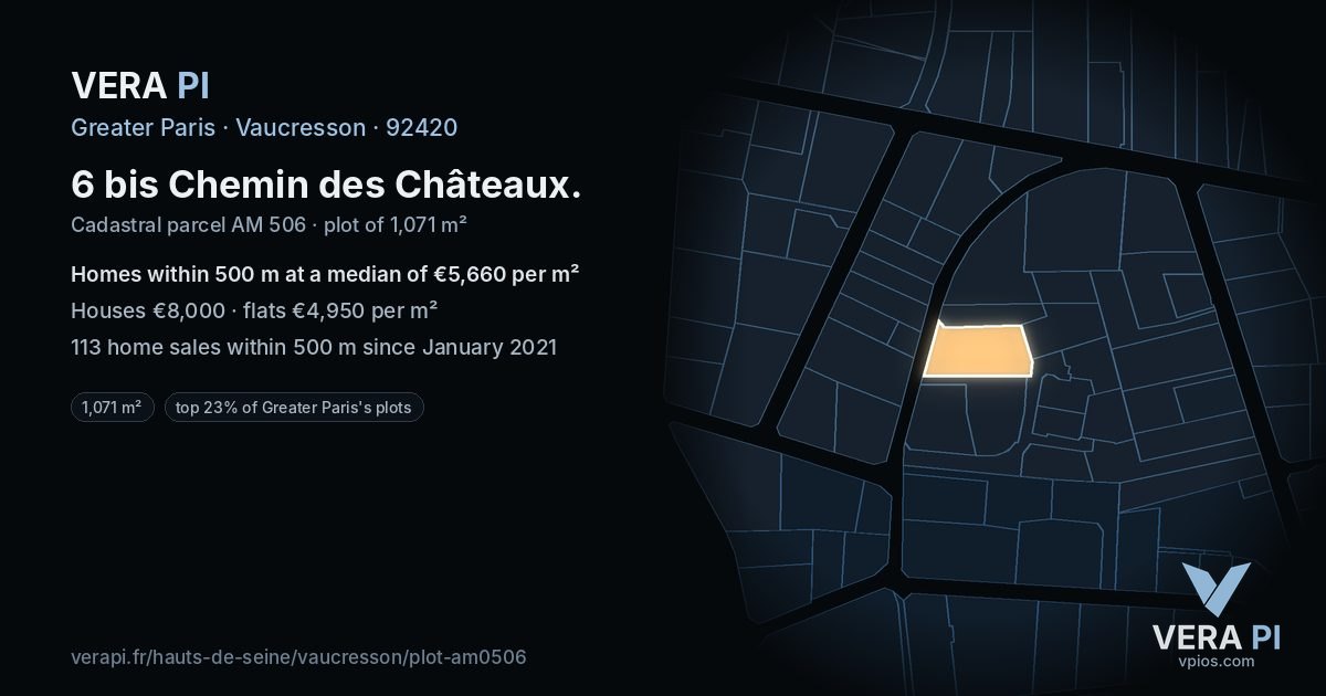 6 bis Chemin des Châteaux, Vaucresson at night – the plot lit, the parcels around coloured by the prices near them