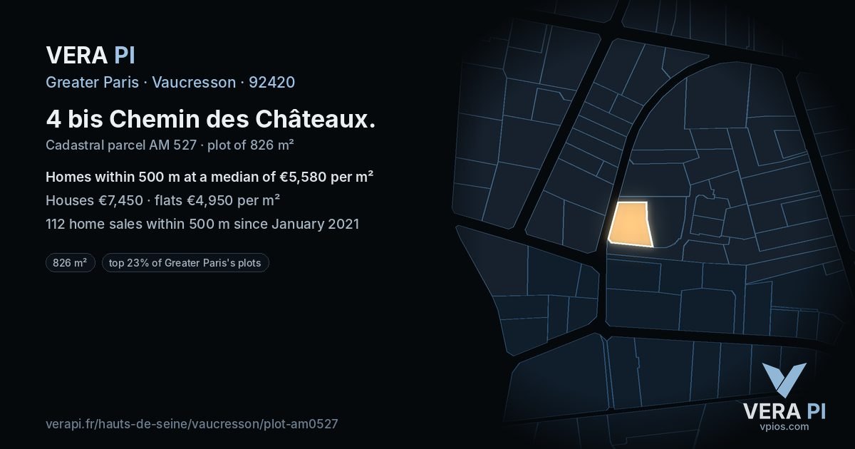 4 bis Chemin des Châteaux, Vaucresson at night – the plot lit, the parcels around coloured by the prices near them