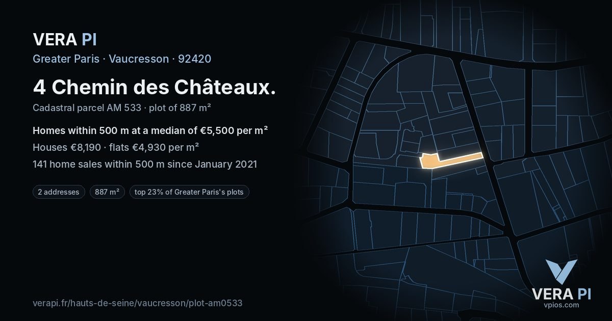 4 Chemin des Châteaux, Vaucresson at night – the plot lit, the parcels around coloured by the prices near them