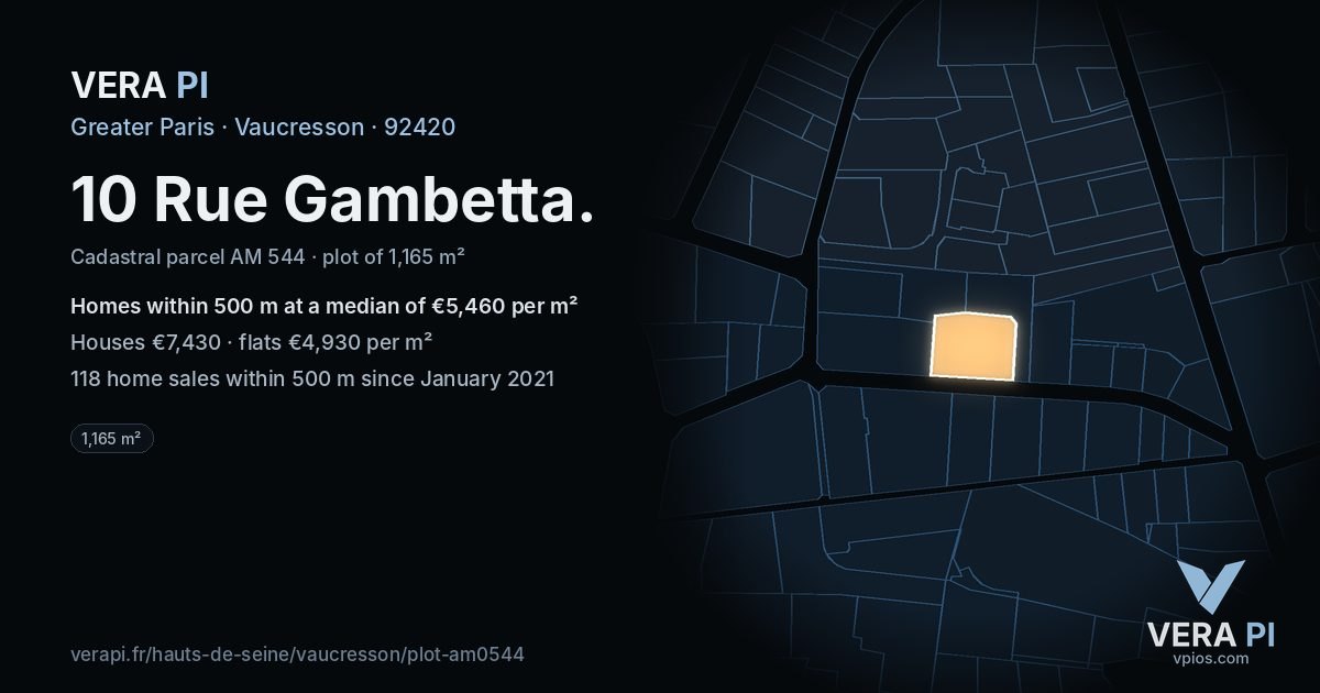 10 Rue Gambetta, Vaucresson at night – the plot lit, the parcels around coloured by the prices near them