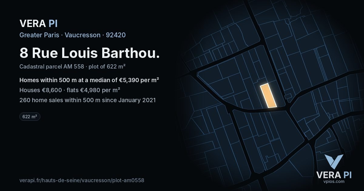 8 Rue Louis Barthou, Vaucresson at night – the plot lit, the parcels around coloured by the prices near them
