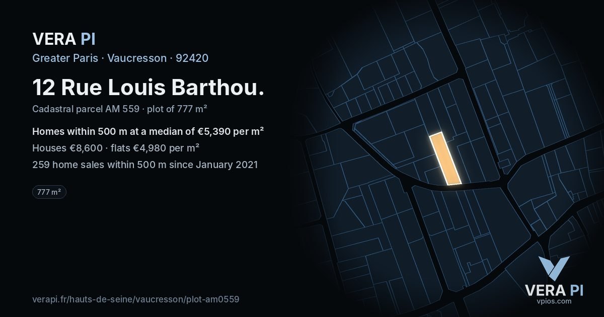 12 Rue Louis Barthou, Vaucresson at night – the plot lit, the parcels around coloured by the prices near them