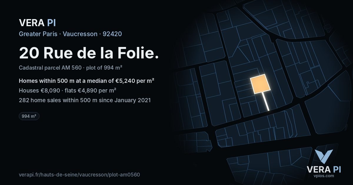 20 Rue de la Folie, Vaucresson at night – the plot lit, the parcels around coloured by the prices near them