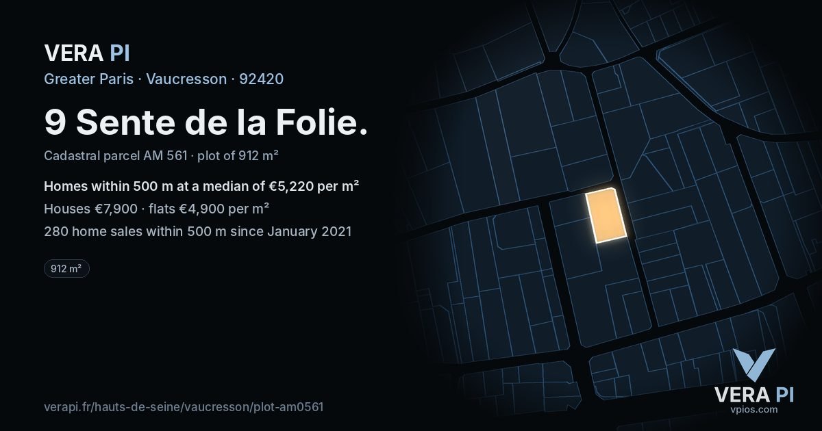 9 Sente de la Folie, Vaucresson at night – the plot lit, the parcels around coloured by the prices near them