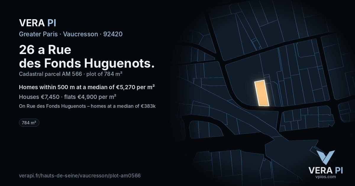 26 a Rue des Fonds Huguenots, Vaucresson at night – the plot lit, the parcels around coloured by the prices near them