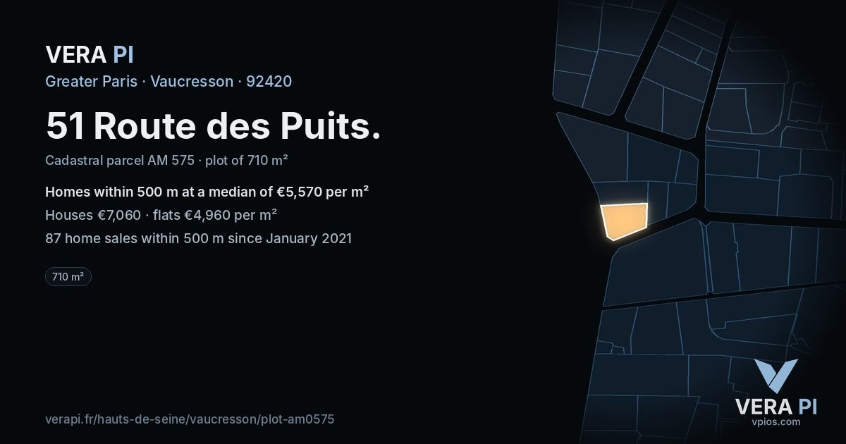 51 Route des Puits, Vaucresson at night – the plot lit, the parcels around coloured by the prices near them