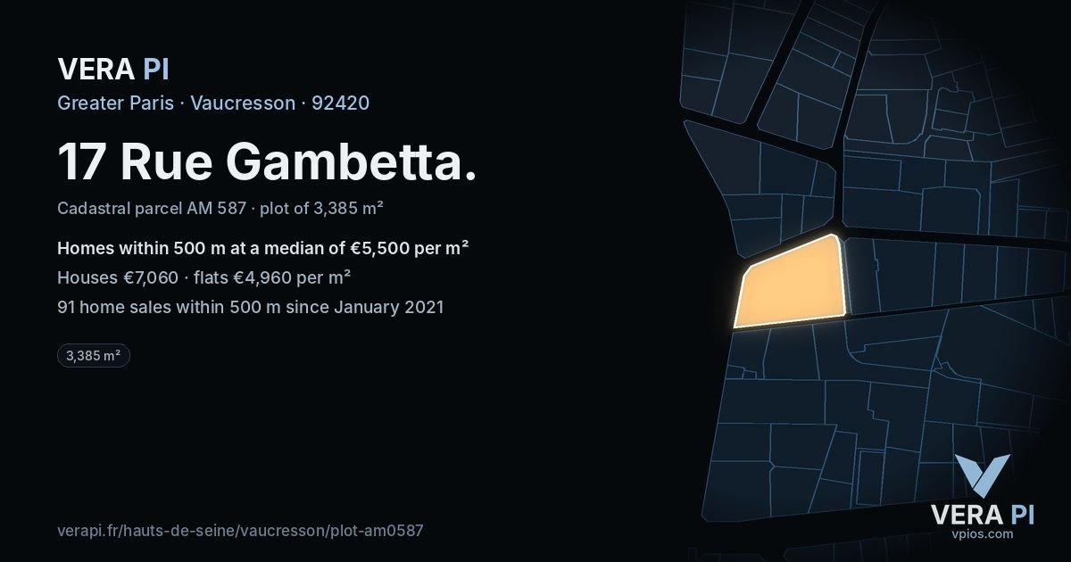 17 Rue Gambetta, Vaucresson at night – the plot lit, the parcels around coloured by the prices near them