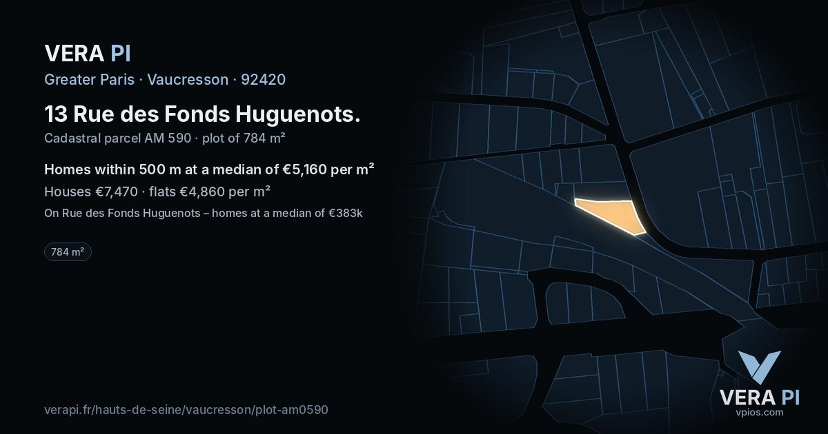 13 Rue des Fonds Huguenots, Vaucresson at night – the plot lit, the parcels around coloured by the prices near them
