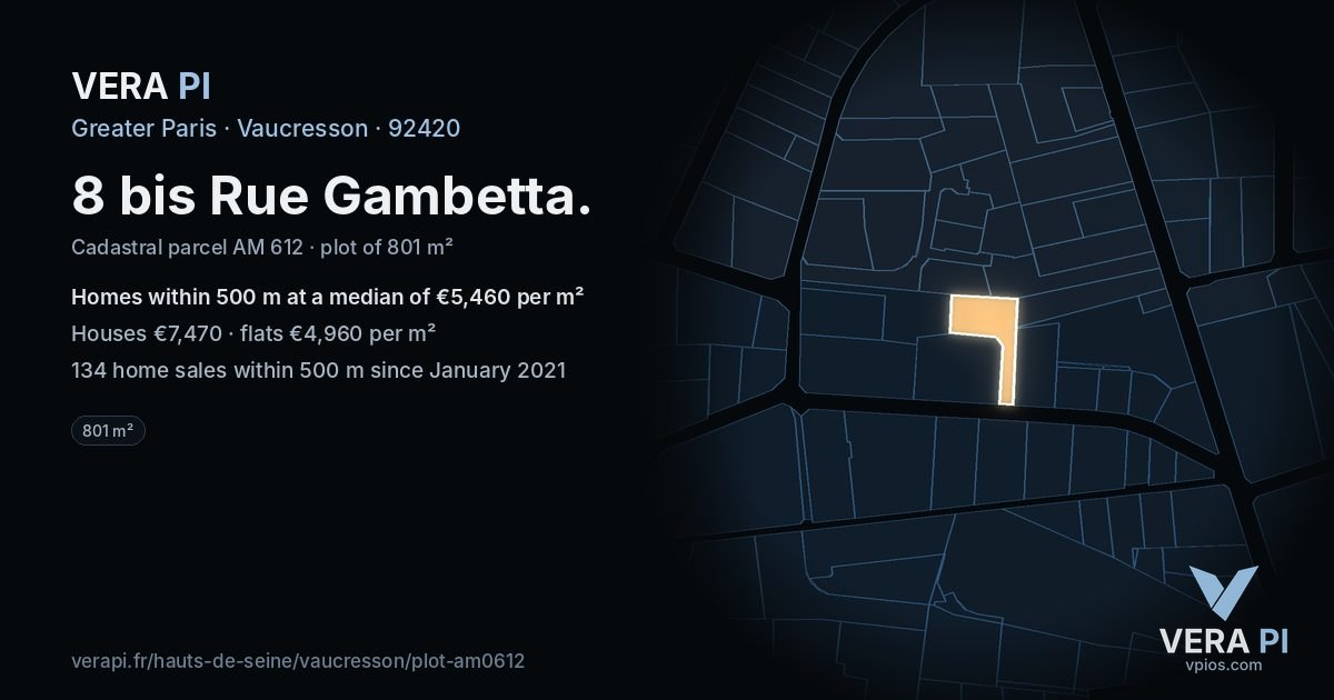 8 bis Rue Gambetta, Vaucresson at night – the plot lit, the parcels around coloured by the prices near them