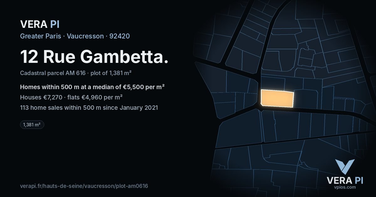 12 Rue Gambetta, Vaucresson at night – the plot lit, the parcels around coloured by the prices near them