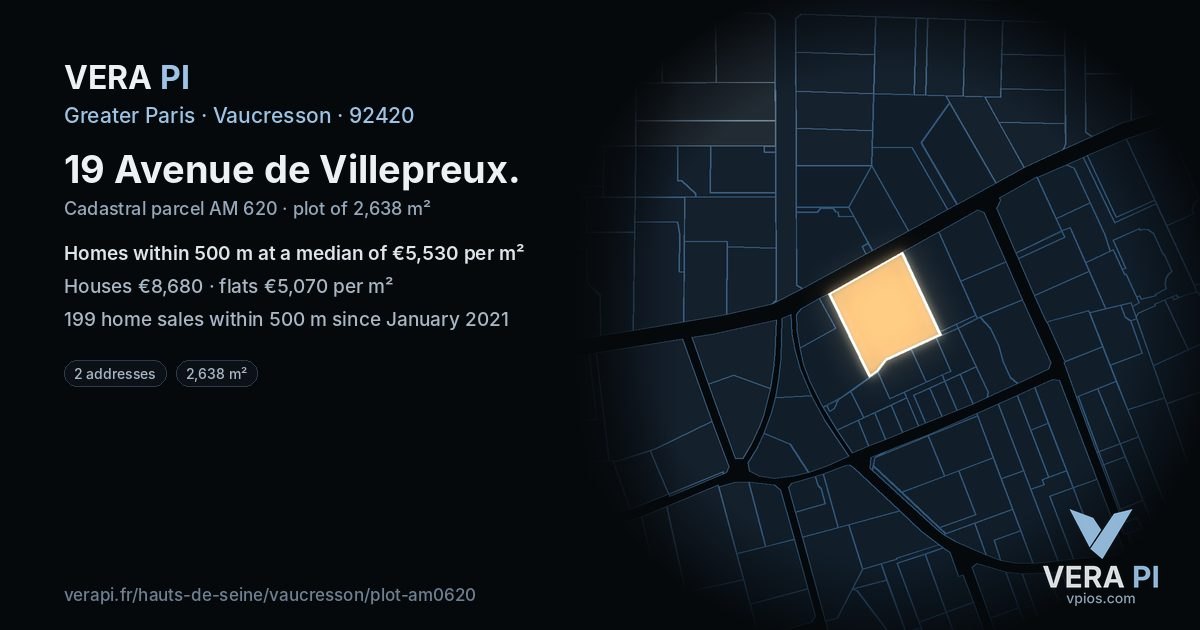 19 Avenue de Villepreux, Vaucresson at night – the plot lit, the parcels around coloured by the prices near them