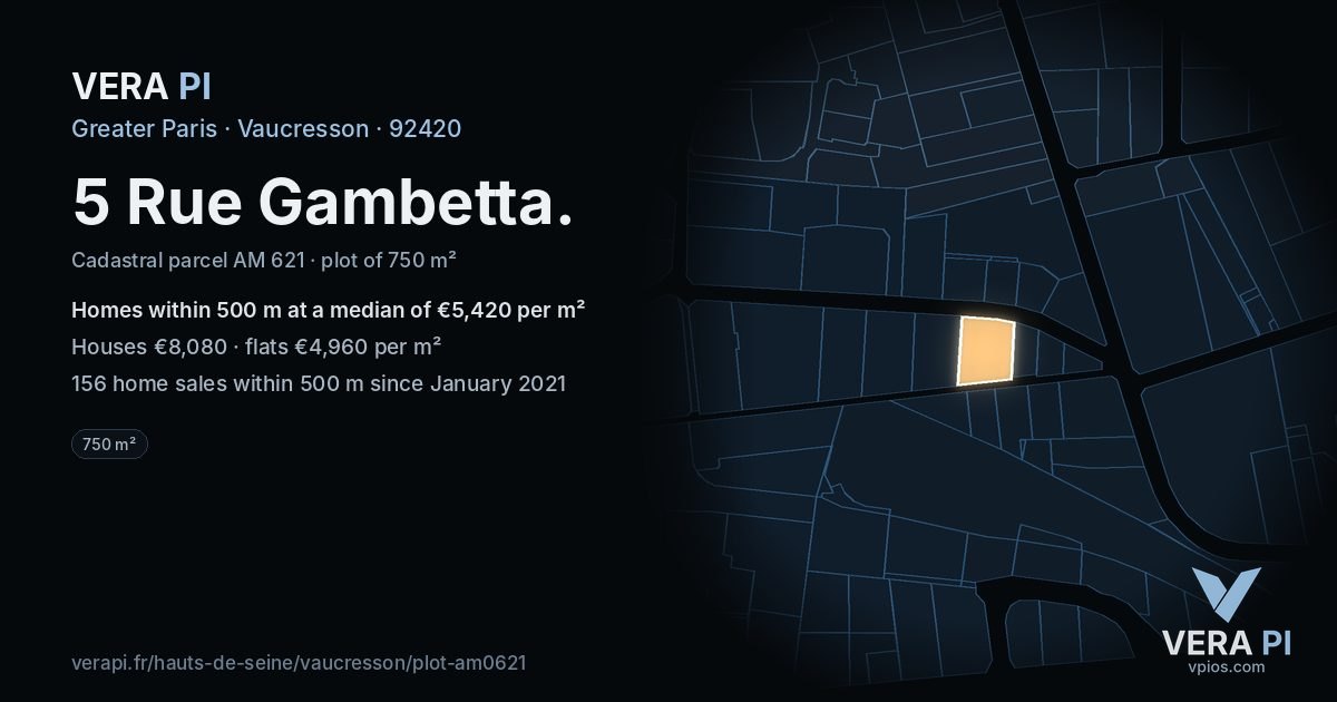 5 Rue Gambetta, Vaucresson at night – the plot lit, the parcels around coloured by the prices near them
