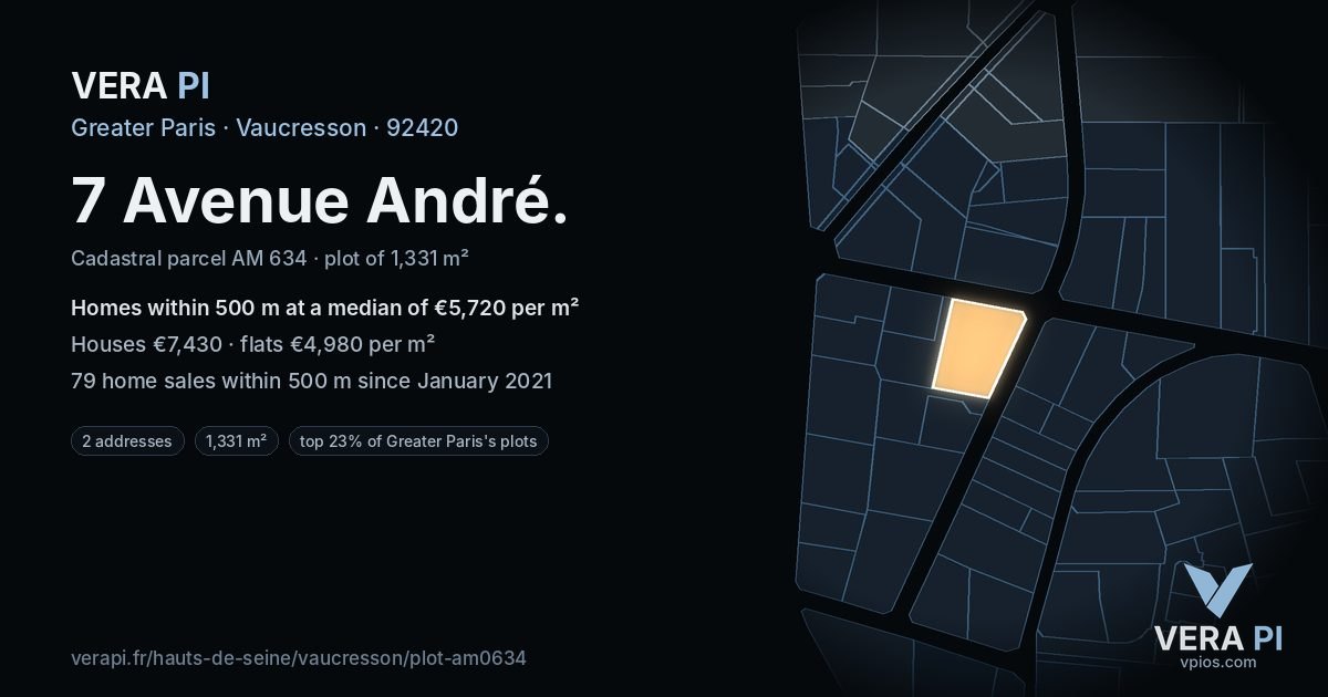 7 Avenue André, Vaucresson at night – the plot lit, the parcels around coloured by the prices near them