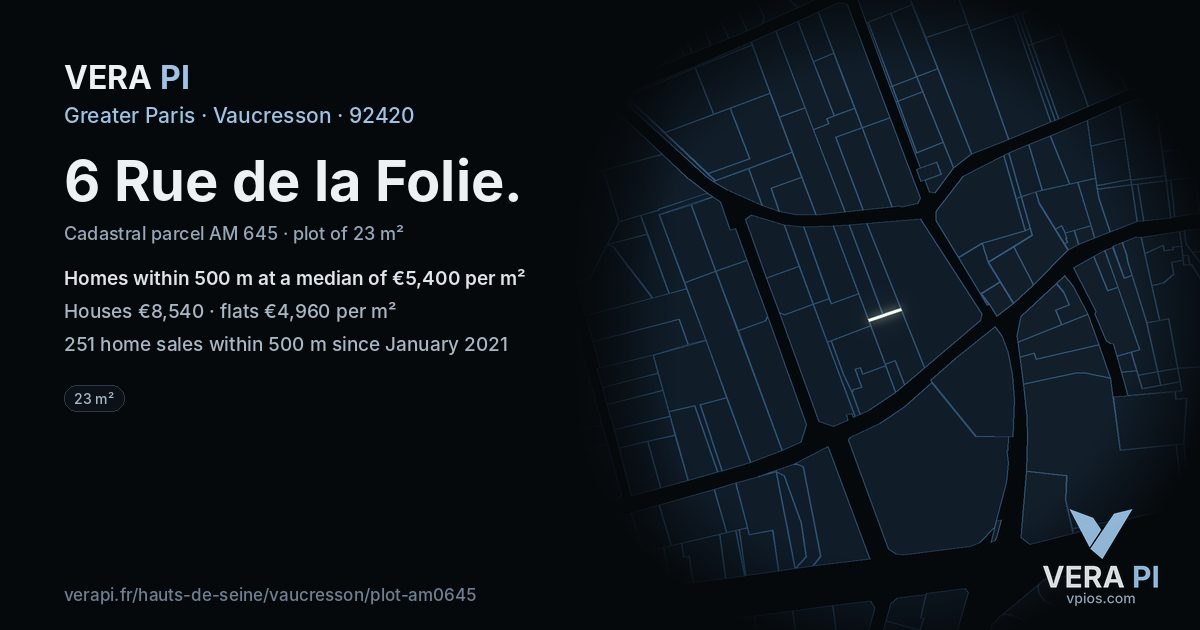 6 Rue de la Folie, Vaucresson at night – the plot lit, the parcels around coloured by the prices near them