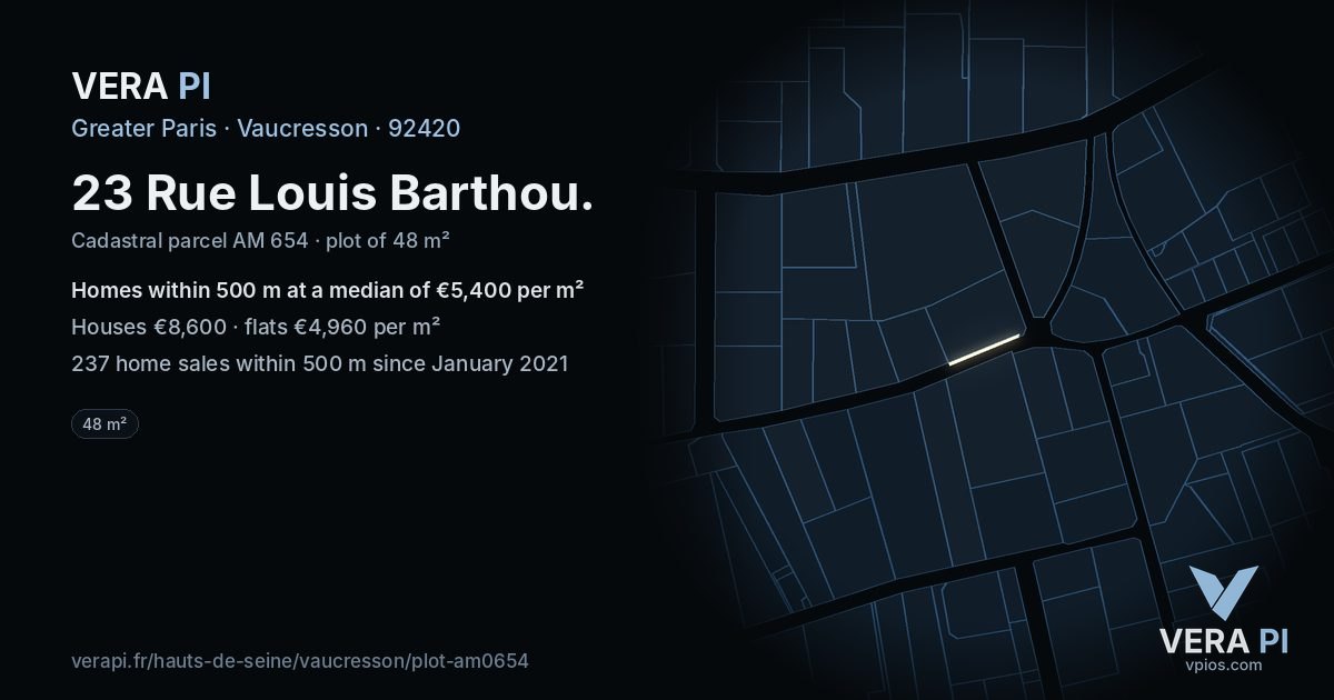 23 Rue Louis Barthou, Vaucresson at night – the plot lit, the parcels around coloured by the prices near them
