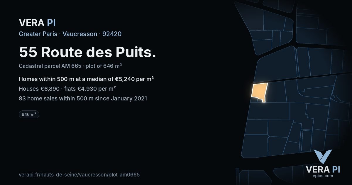 55 Route des Puits, Vaucresson at night – the plot lit, the parcels around coloured by the prices near them