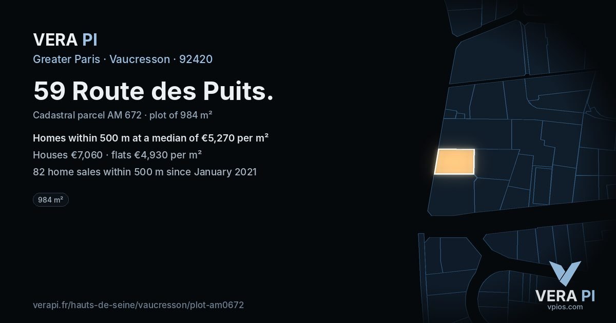 59 Route des Puits, Vaucresson at night – the plot lit, the parcels around coloured by the prices near them