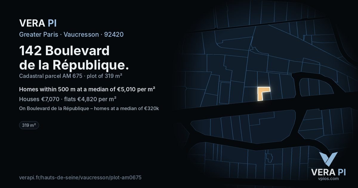 142 Boulevard de la République, Vaucresson at night – the plot lit, the parcels around coloured by the prices near them