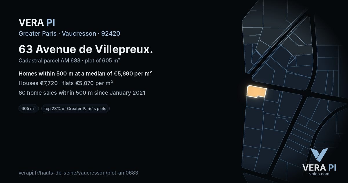 63 Avenue de Villepreux, Vaucresson at night – the plot lit, the parcels around coloured by the prices near them