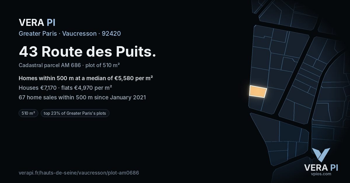 43 Route des Puits, Vaucresson at night – the plot lit, the parcels around coloured by the prices near them