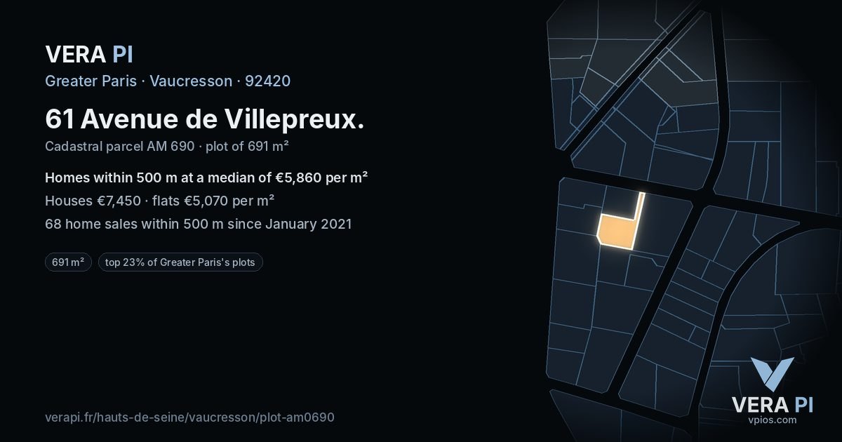 61 Avenue de Villepreux, Vaucresson at night – the plot lit, the parcels around coloured by the prices near them
