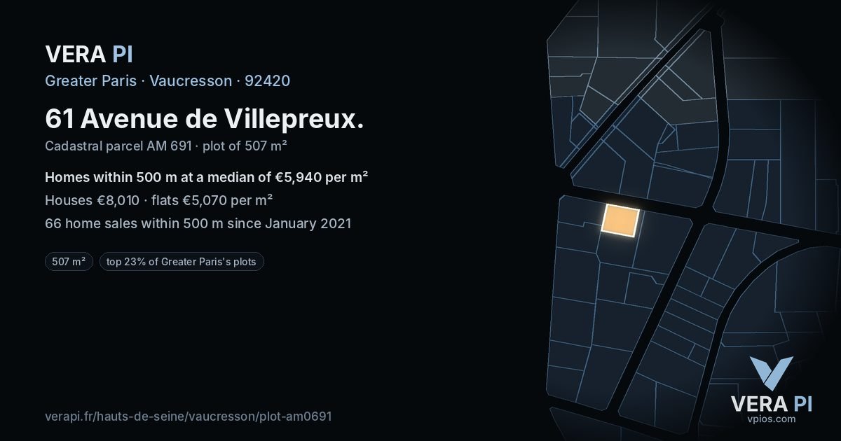 61 Avenue de Villepreux, Vaucresson at night – the plot lit, the parcels around coloured by the prices near them
