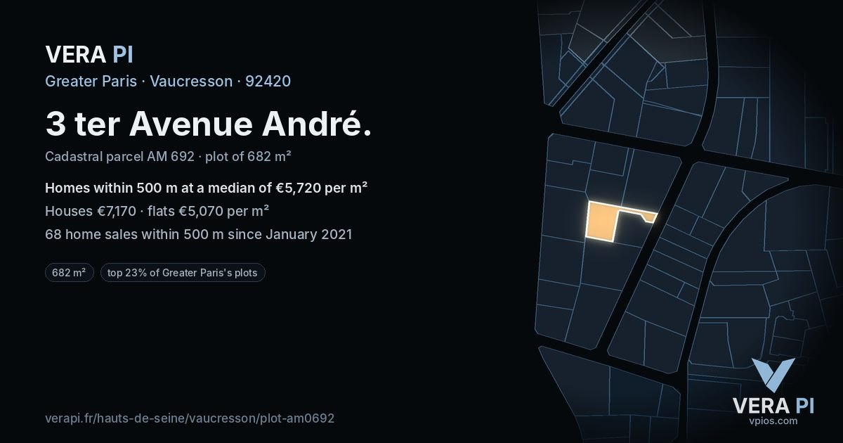 3 ter Avenue André, Vaucresson at night – the plot lit, the parcels around coloured by the prices near them