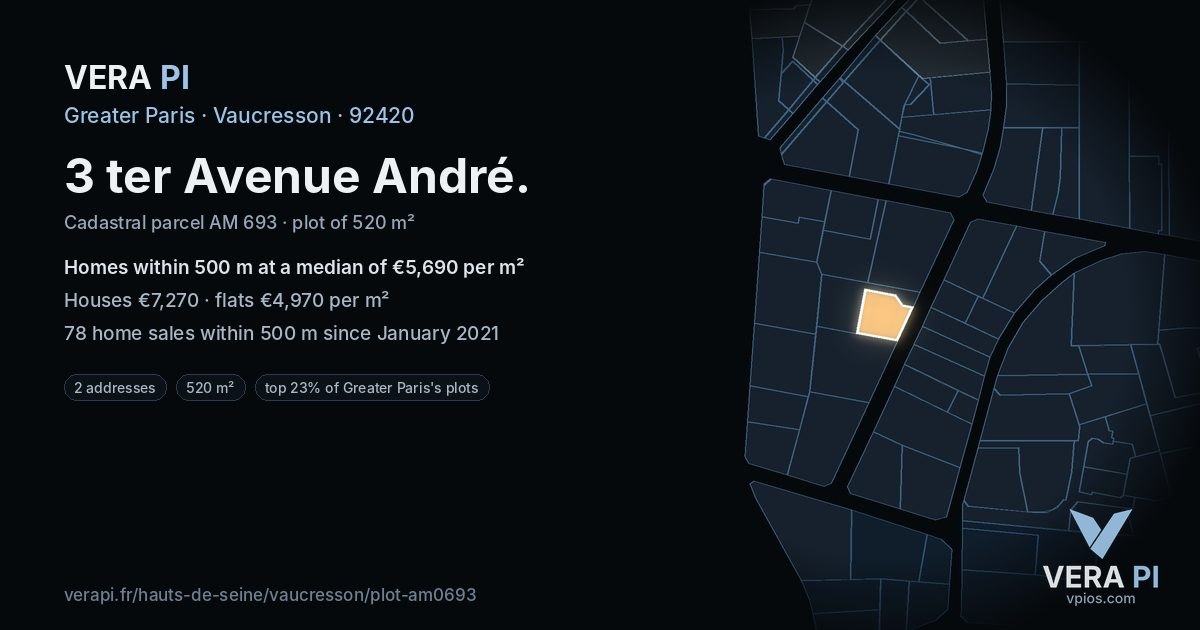 3 ter Avenue André, Vaucresson at night – the plot lit, the parcels around coloured by the prices near them