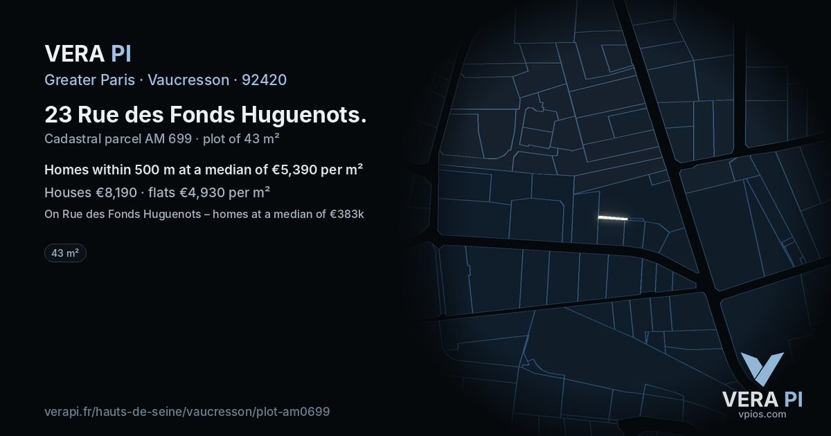 23 Rue des Fonds Huguenots, Vaucresson at night – the plot lit, the parcels around coloured by the prices near them