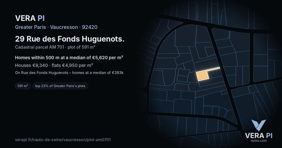 29 Rue des Fonds Huguenots, Vaucresson at night – the plot lit, the parcels around coloured by the prices near them