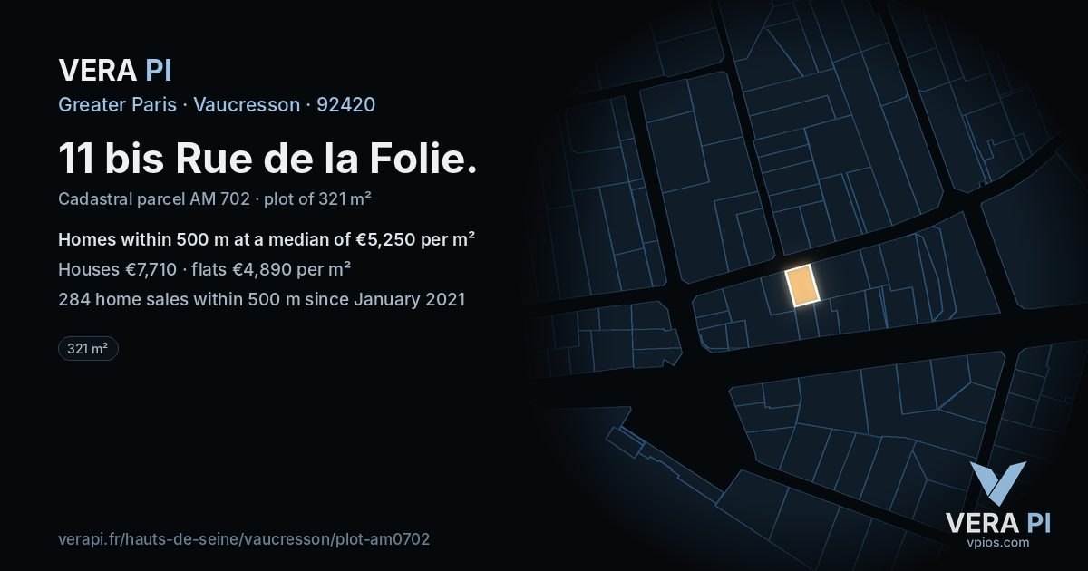 11 bis Rue de la Folie, Vaucresson at night – the plot lit, the parcels around coloured by the prices near them