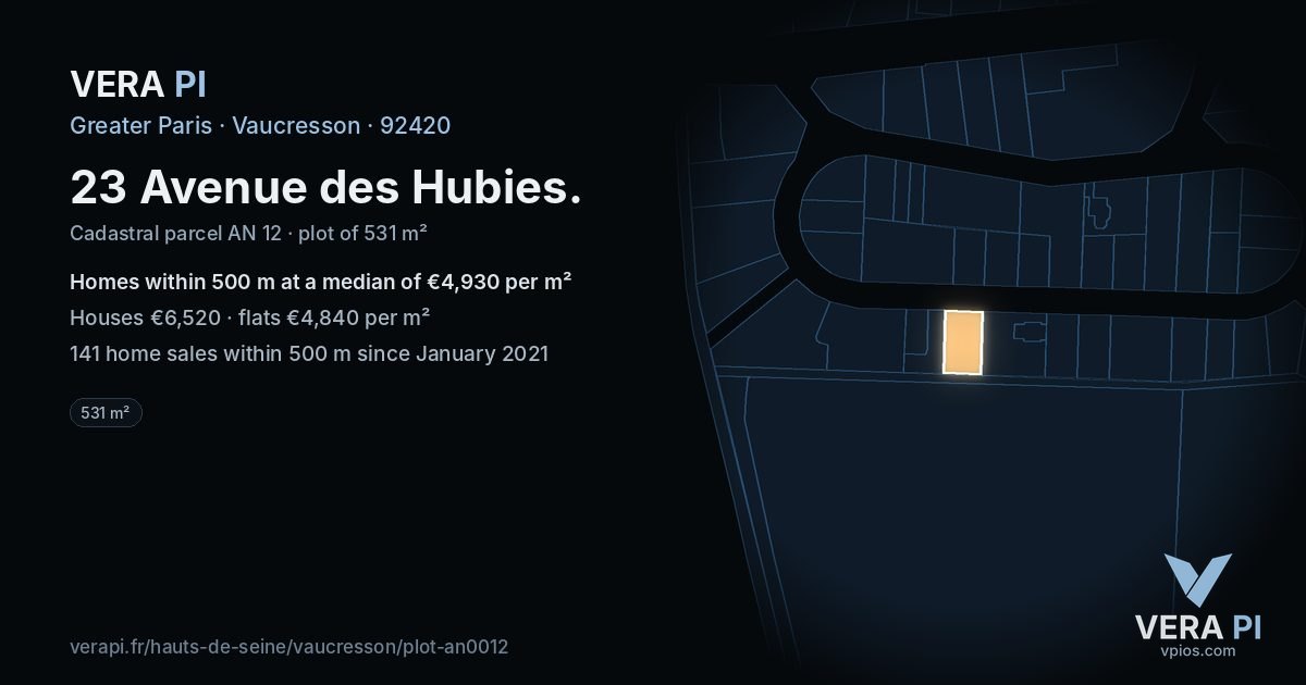 23 Avenue des Hubies, Vaucresson at night – the plot lit, the parcels around coloured by the prices near them