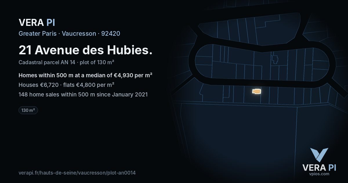 21 Avenue des Hubies, Vaucresson at night – the plot lit, the parcels around coloured by the prices near them