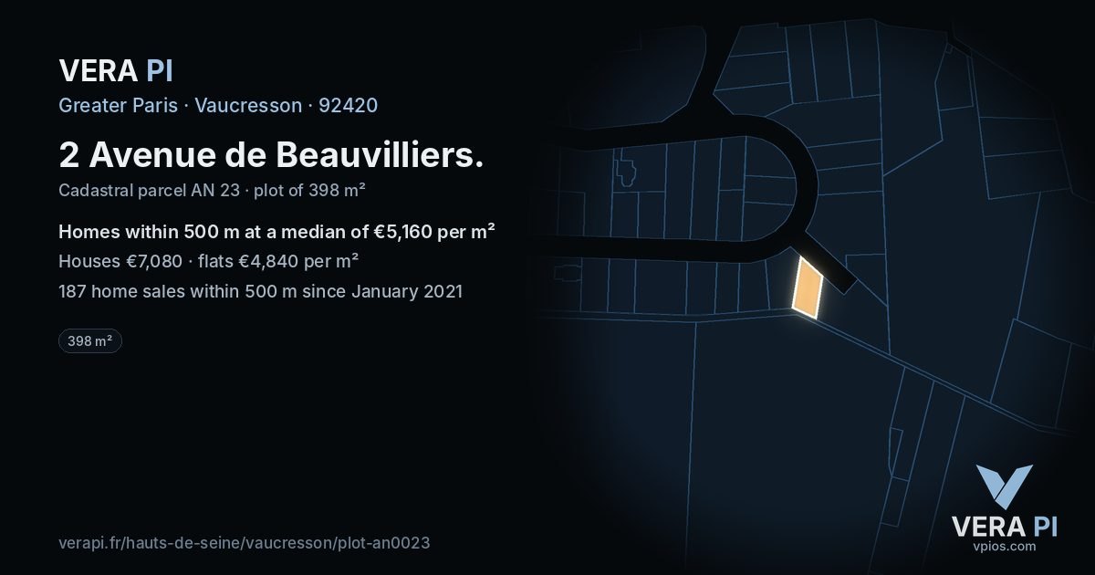2 Avenue de Beauvilliers, Vaucresson at night – the plot lit, the parcels around coloured by the prices near them