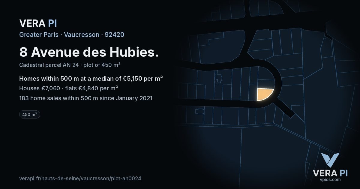 8 Avenue des Hubies, Vaucresson at night – the plot lit, the parcels around coloured by the prices near them