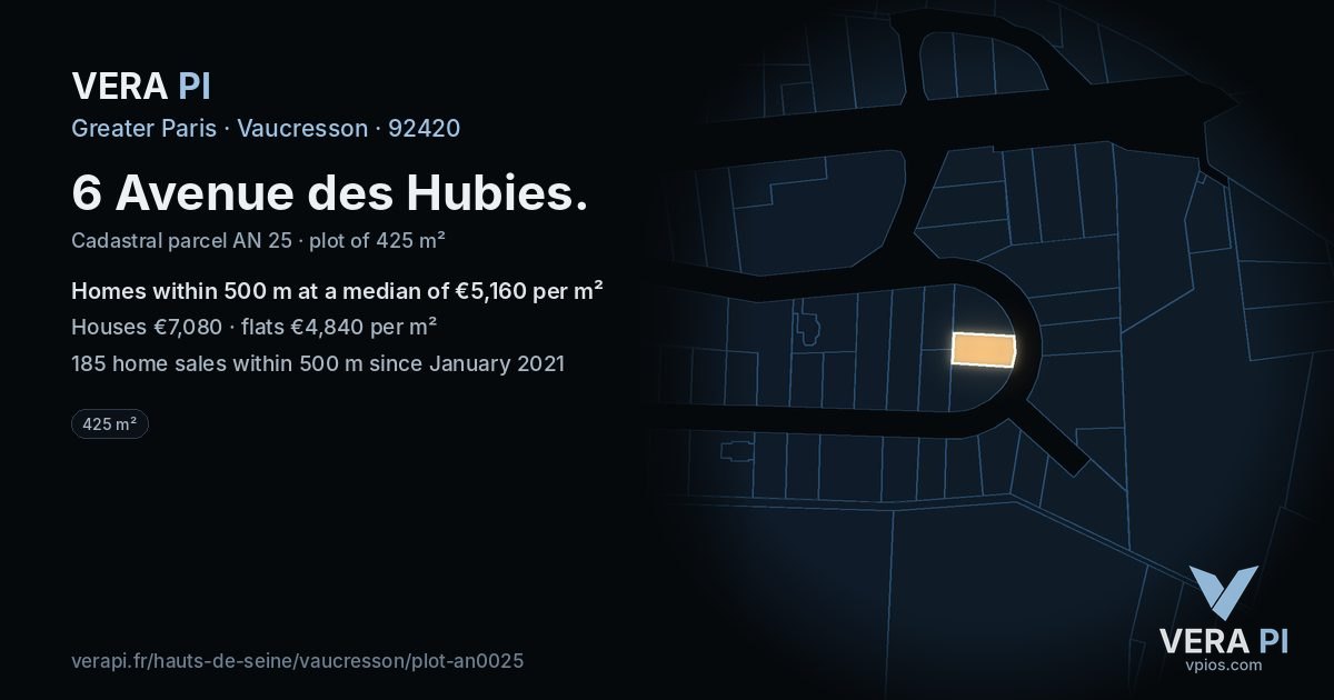 6 Avenue des Hubies, Vaucresson at night – the plot lit, the parcels around coloured by the prices near them