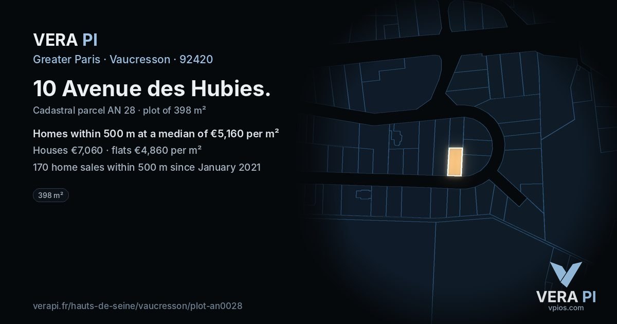 10 Avenue des Hubies, Vaucresson at night – the plot lit, the parcels around coloured by the prices near them