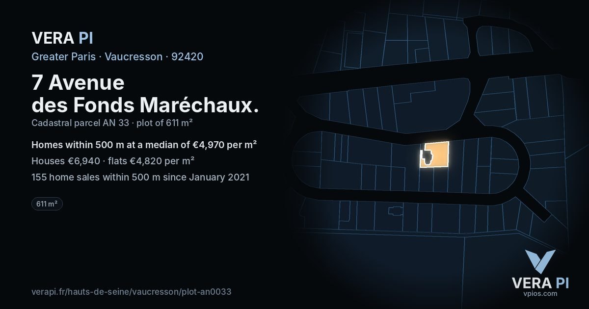 7 Avenue des Fonds Maréchaux, Vaucresson at night – the plot lit, the parcels around coloured by the prices near them