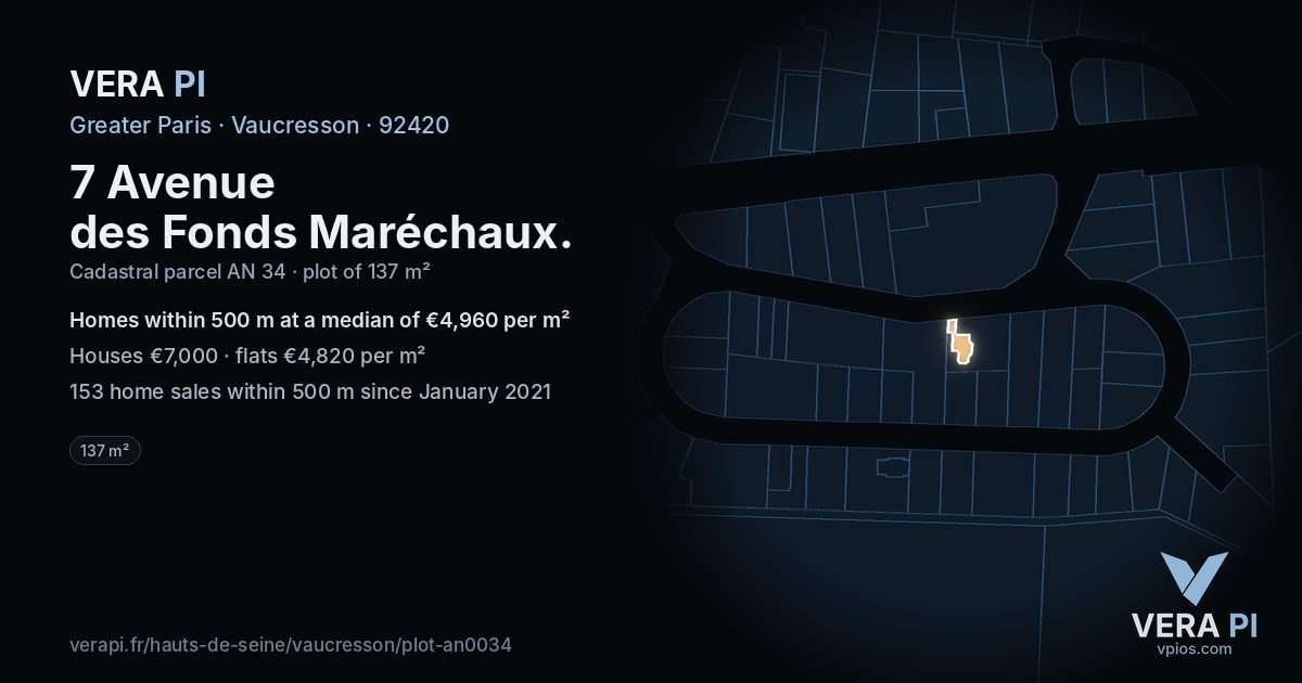 7 Avenue des Fonds Maréchaux, Vaucresson at night – the plot lit, the parcels around coloured by the prices near them