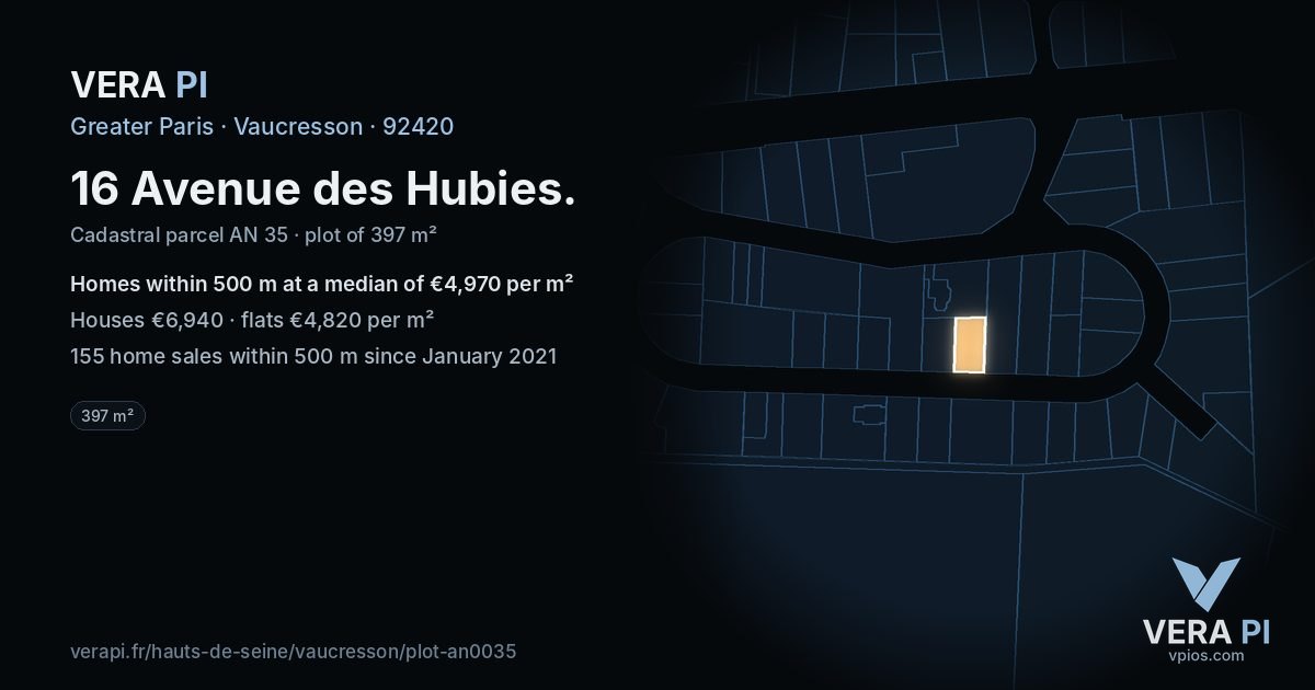 16 Avenue des Hubies, Vaucresson at night – the plot lit, the parcels around coloured by the prices near them