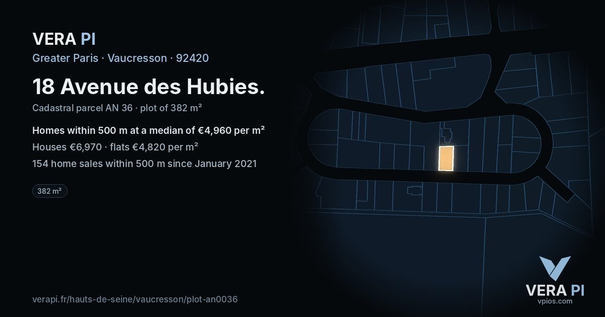18 Avenue des Hubies, Vaucresson at night – the plot lit, the parcels around coloured by the prices near them