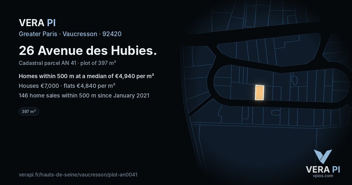 26 Avenue des Hubies, Vaucresson at night – the plot lit, the parcels around coloured by the prices near them