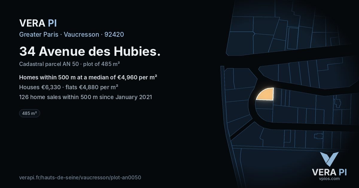 34 Avenue des Hubies, Vaucresson at night – the plot lit, the parcels around coloured by the prices near them