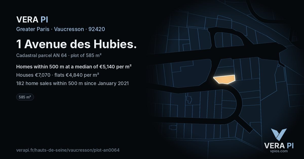 1 Avenue des Hubies, Vaucresson at night – the plot lit, the parcels around coloured by the prices near them