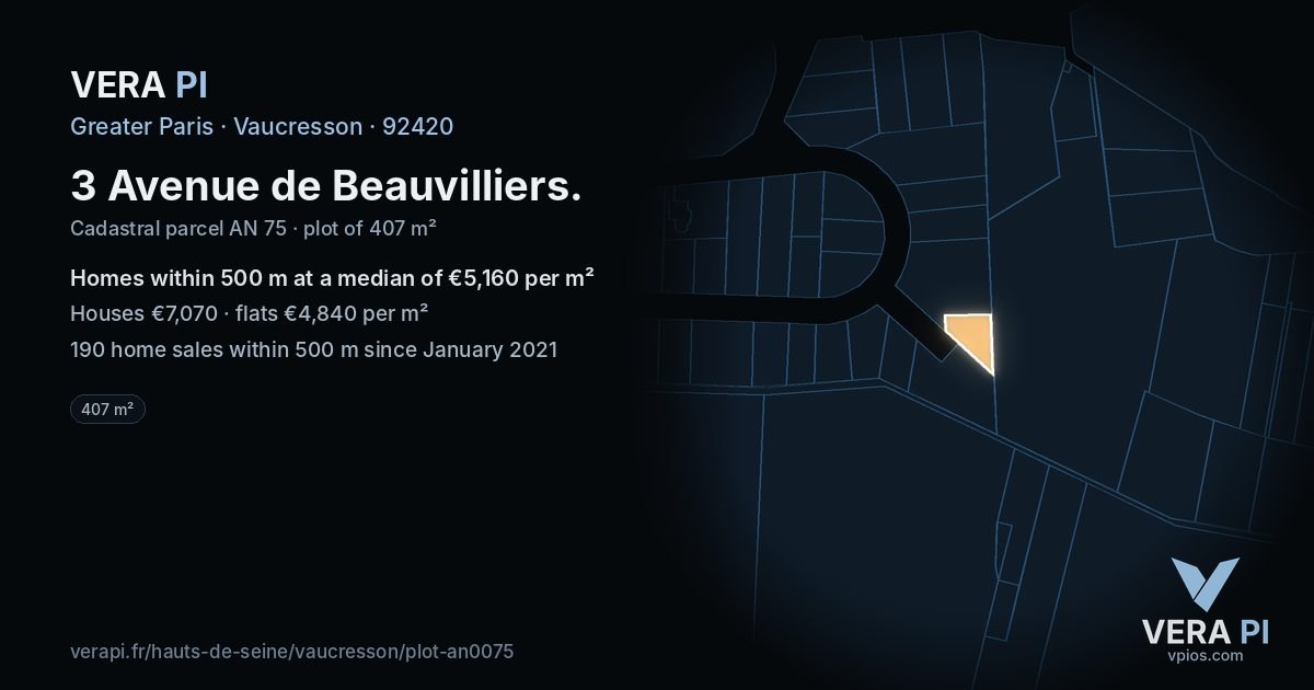 3 Avenue de Beauvilliers, Vaucresson at night – the plot lit, the parcels around coloured by the prices near them