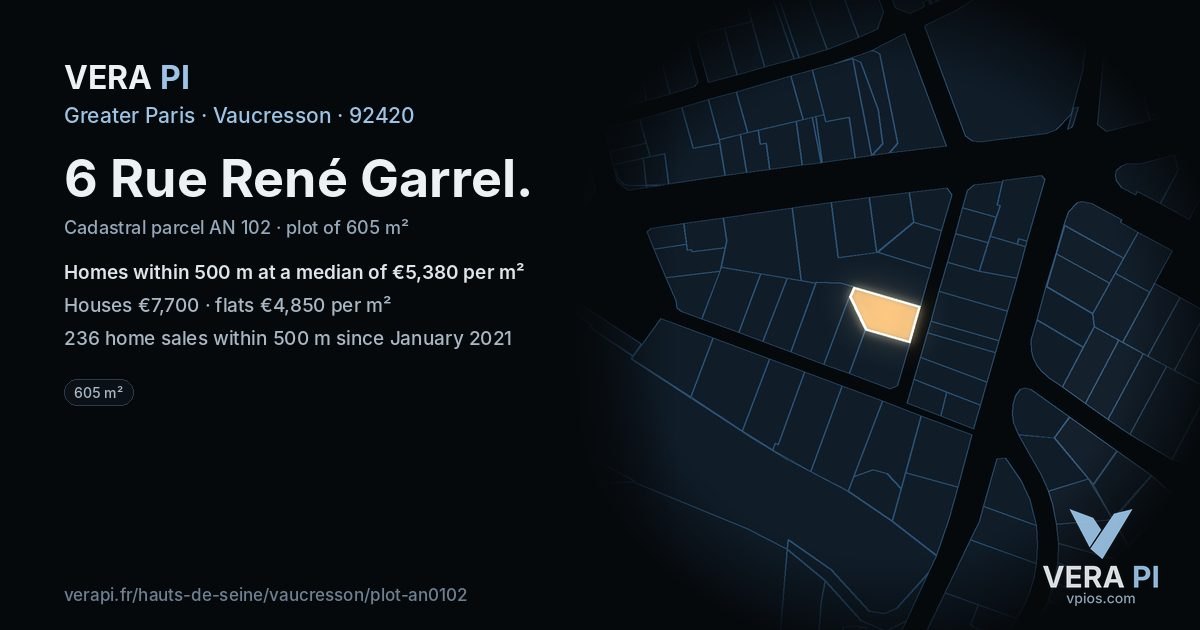 6 Rue René Garrel, Vaucresson at night – the plot lit, the parcels around coloured by the prices near them