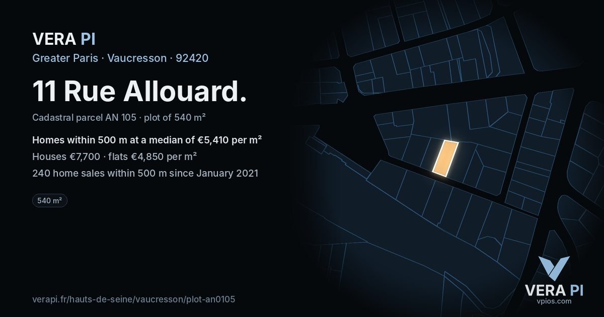 11 Rue Allouard, Vaucresson at night – the plot lit, the parcels around coloured by the prices near them