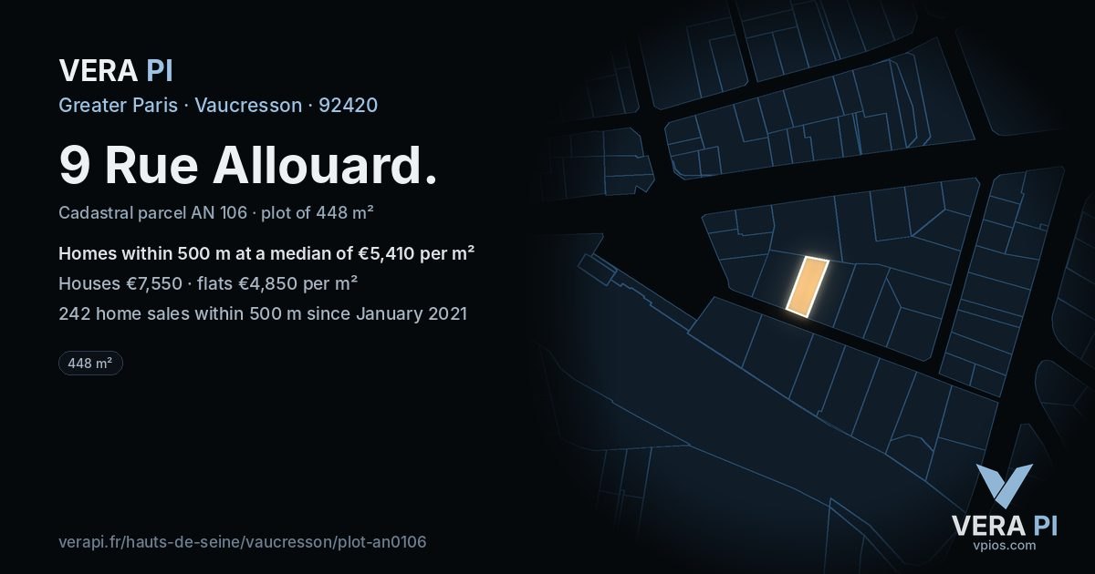 9 Rue Allouard, Vaucresson at night – the plot lit, the parcels around coloured by the prices near them