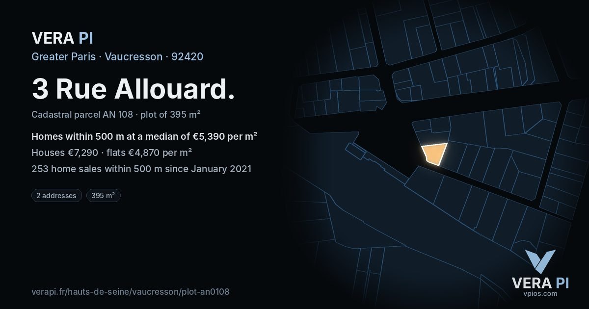 3 Rue Allouard, Vaucresson at night – the plot lit, the parcels around coloured by the prices near them